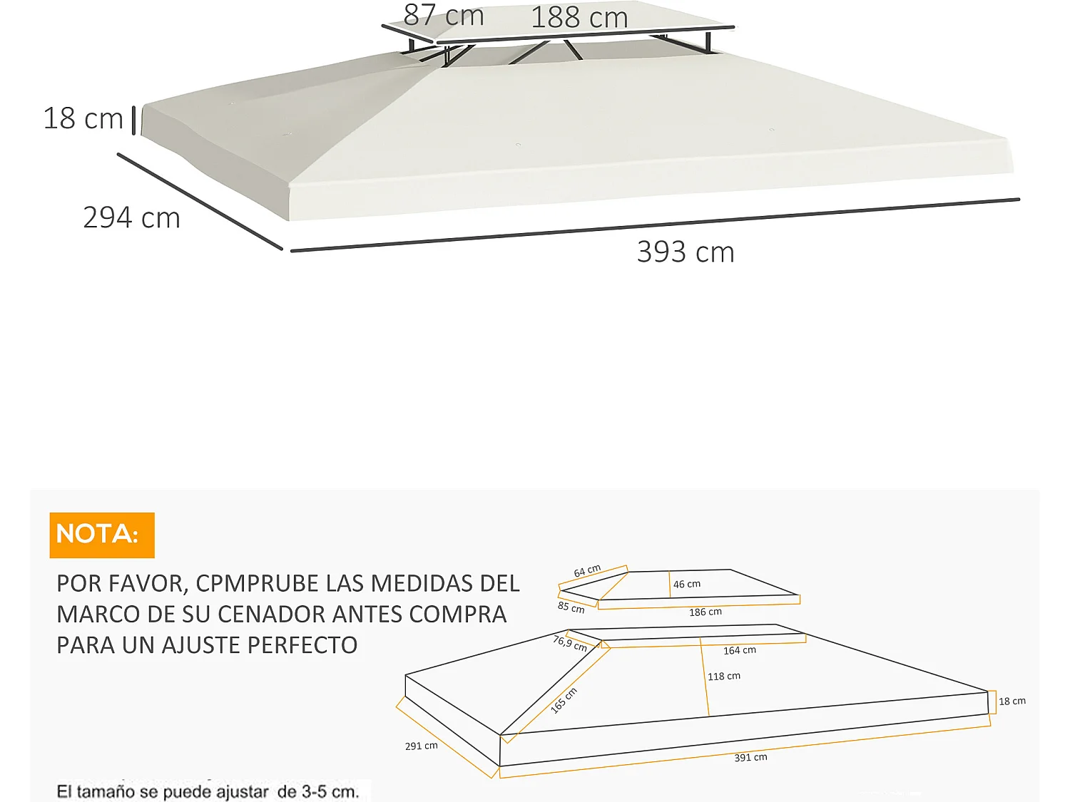 Techo de repuesto crema 393x294x18 cm Outsunny