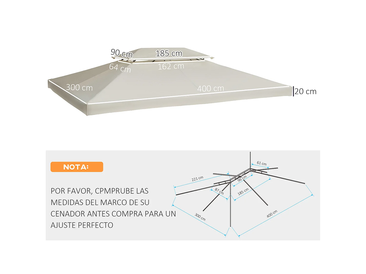 Techo de repuesto para cenador crema 400x300 cm Outsunny