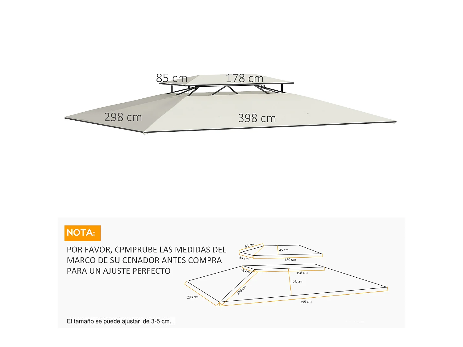Techo de repuesto beige 398x298x70 cm Outsunny