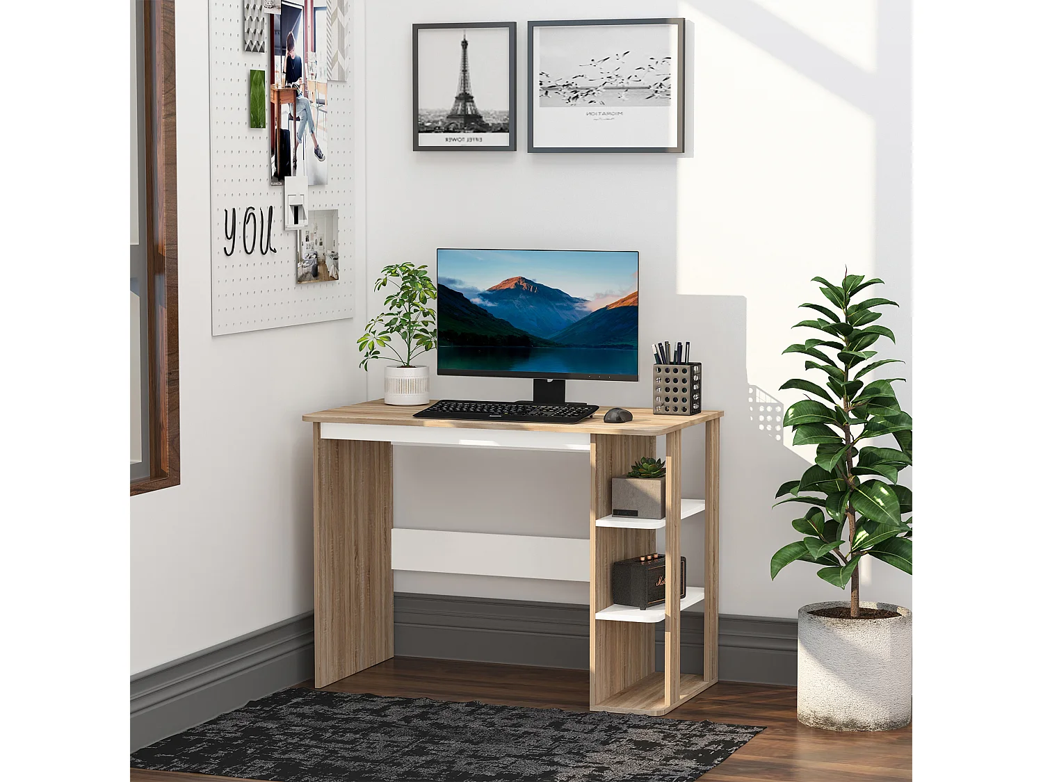 Mesa de escritorio color roble y blanco 100x55x74 cm HOMCOM