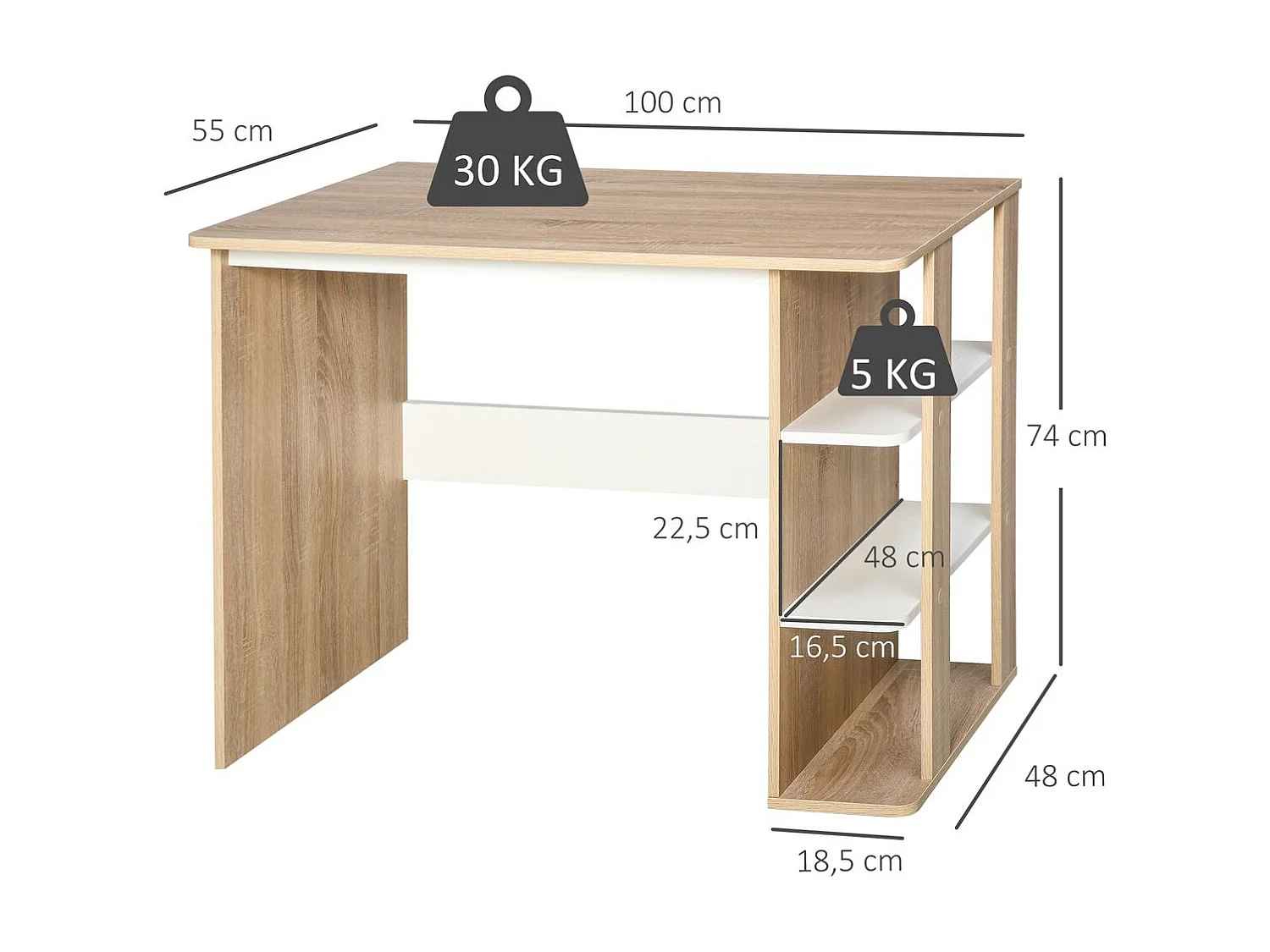 Mesa de escritorio color roble y blanco 100x55x74 cm HOMCOM