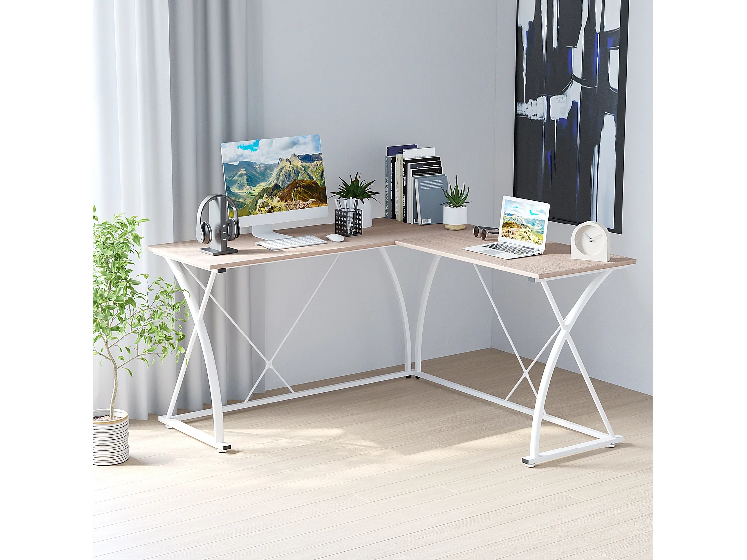 Mesa de ordenador roble natural y blanco 142x142x76 cm Vinsetto