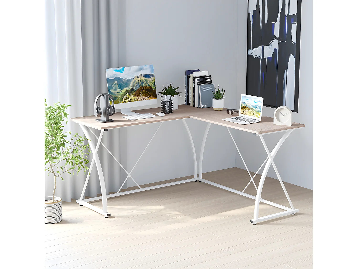 Mesa de ordenador roble natural y blanco 142x142x76 cm Vinsetto