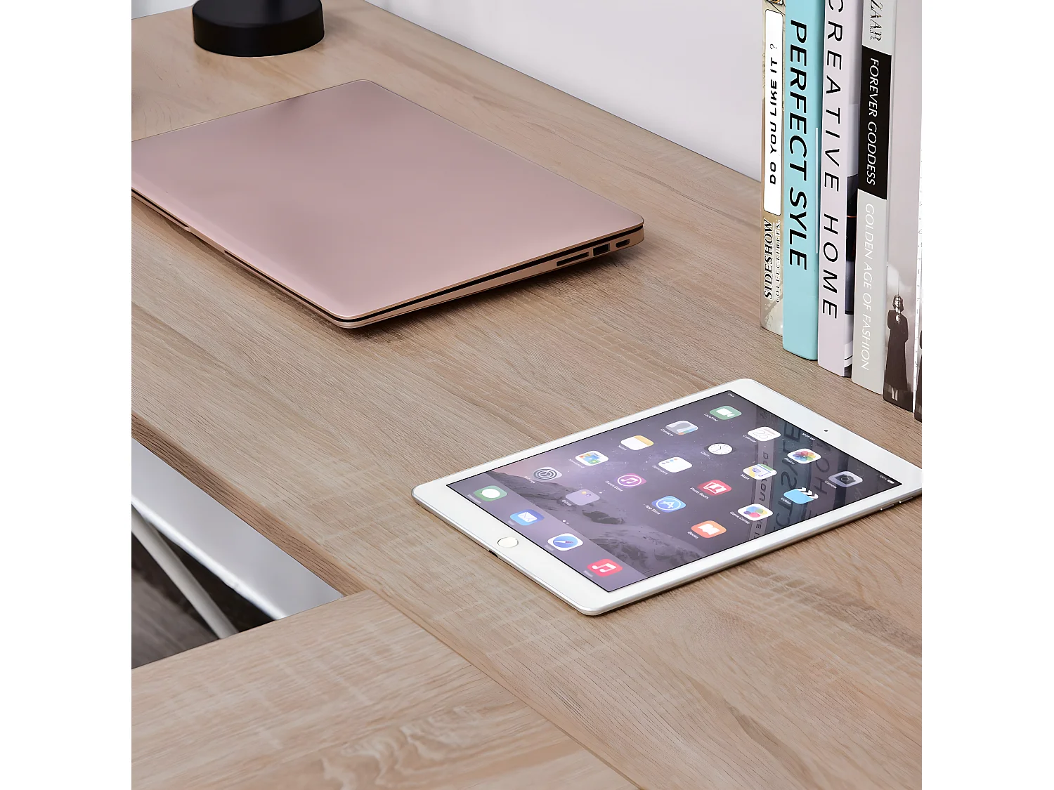 Mesa de ordenador roble natural y blanco 142x142x76 cm Vinsetto