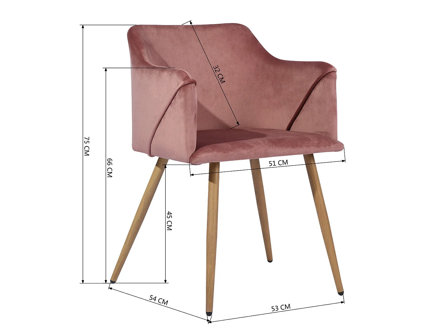 URBAN MEUBLE Set di 2 sedie scandinave in velluto rosa con braccioli gambe in rovere 53*54*75cm