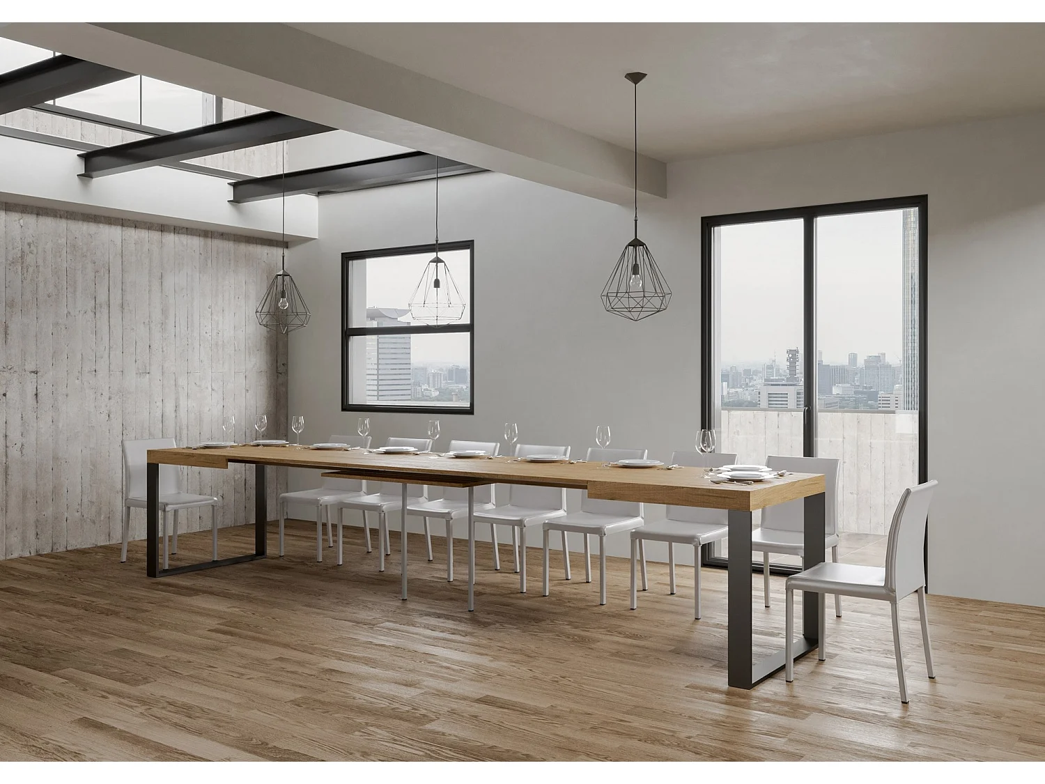 Ausziehtisch 180/440x90 cm Tecno Eiche Natur Tischbeine Anthrazit