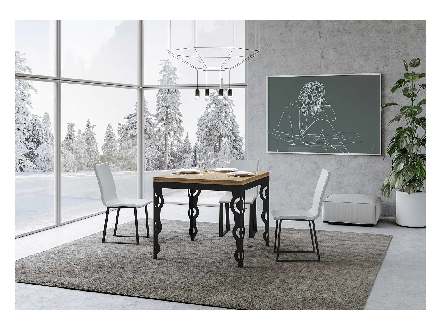 Mesa de jantar extensível tipo livro 90x90/180 cm Karamay Libra Carvalho Natural quadro Antracite