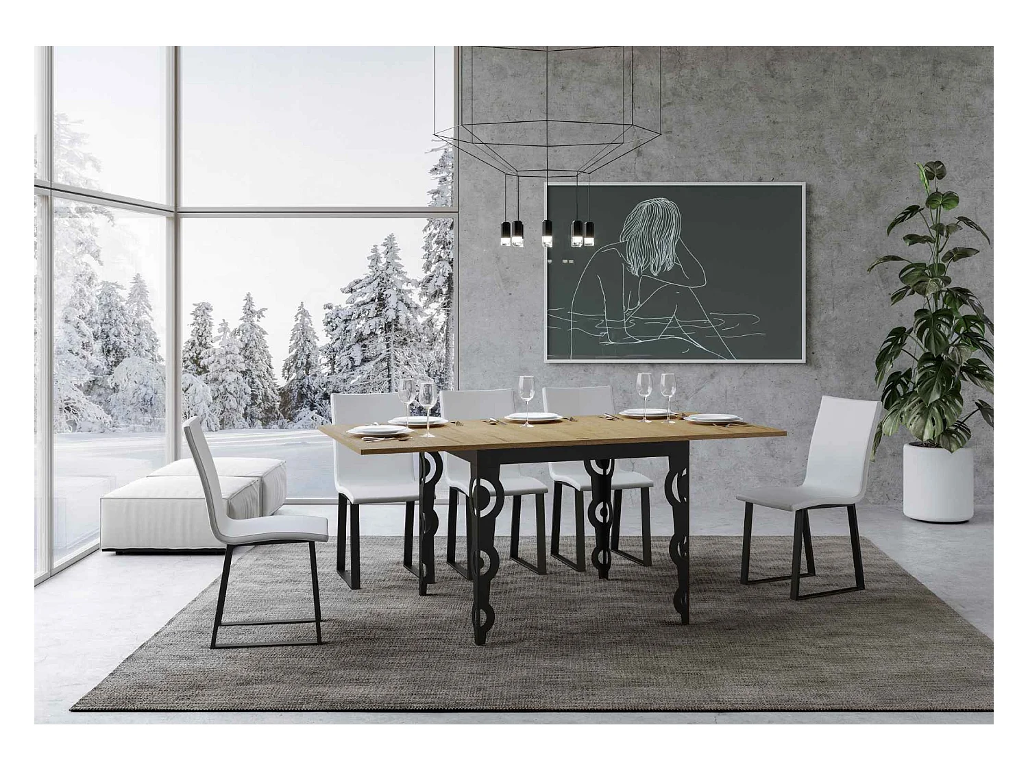 Mesa de jantar extensível tipo livro 90x90/180 cm Karamay Libra Carvalho Natural quadro Antracite