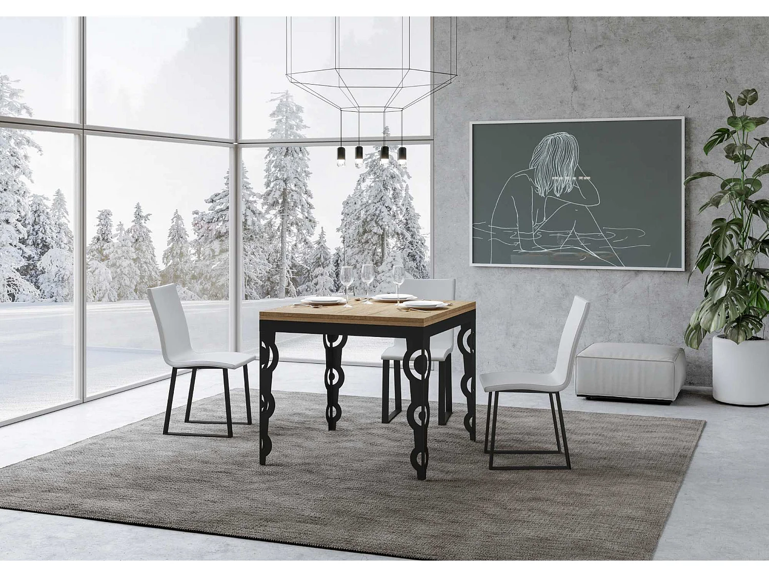 Uitklapbare tafel 90x90/180 cm Karamay Libra natuur eiken frame antraciet