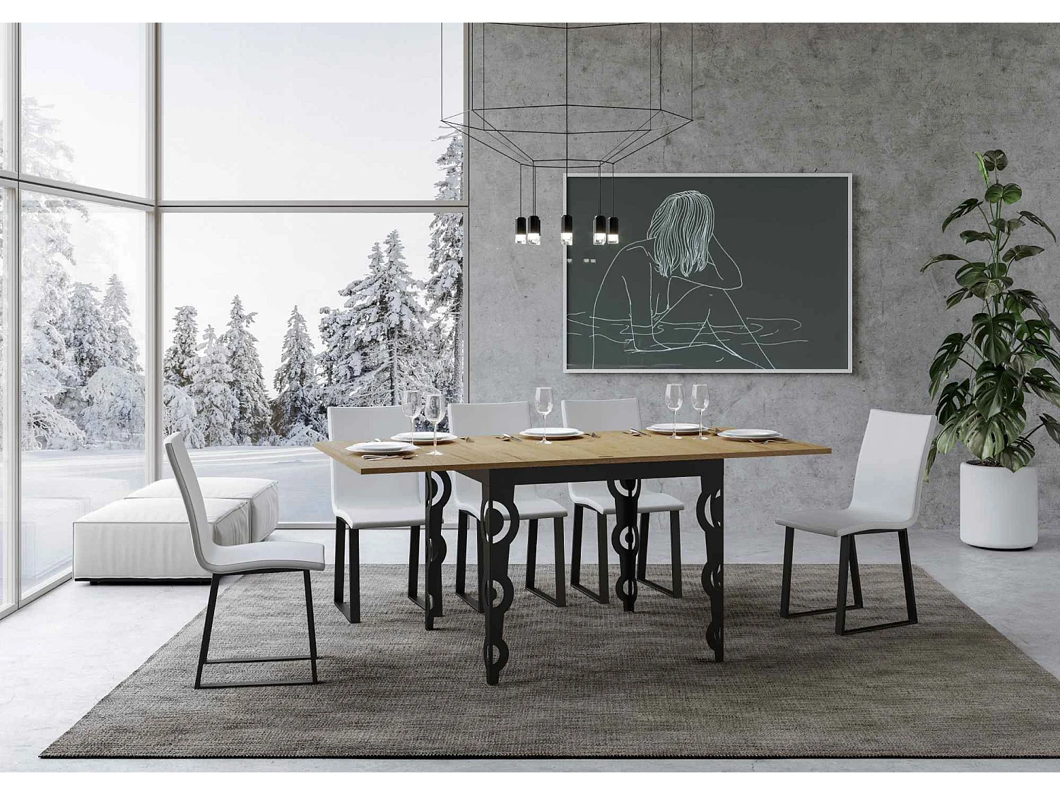 Uitklapbare tafel 90x90/180 cm Karamay Libra natuur eiken frame antraciet