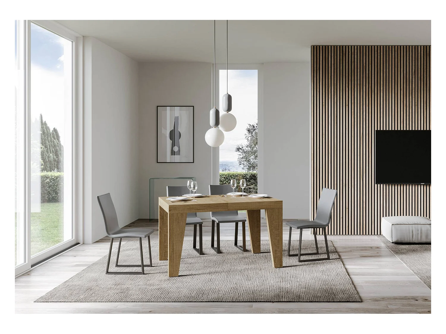 Naxo uitschuifbare houten eettafel-Kleur Natuurlijk-Steun 2 voet-Verlengsnoeren 5 dunne verlengingen-Uitschuifbare breedte