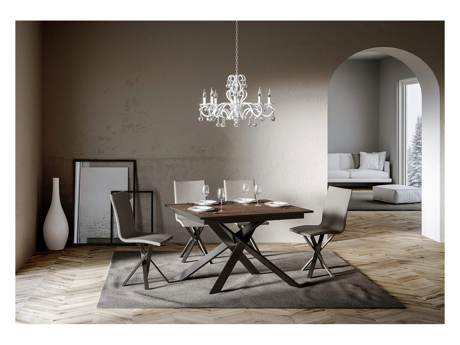 Table extensible 90x120/180 cm Ganty Noyer bande de chante Anthracite cadre Anthracite