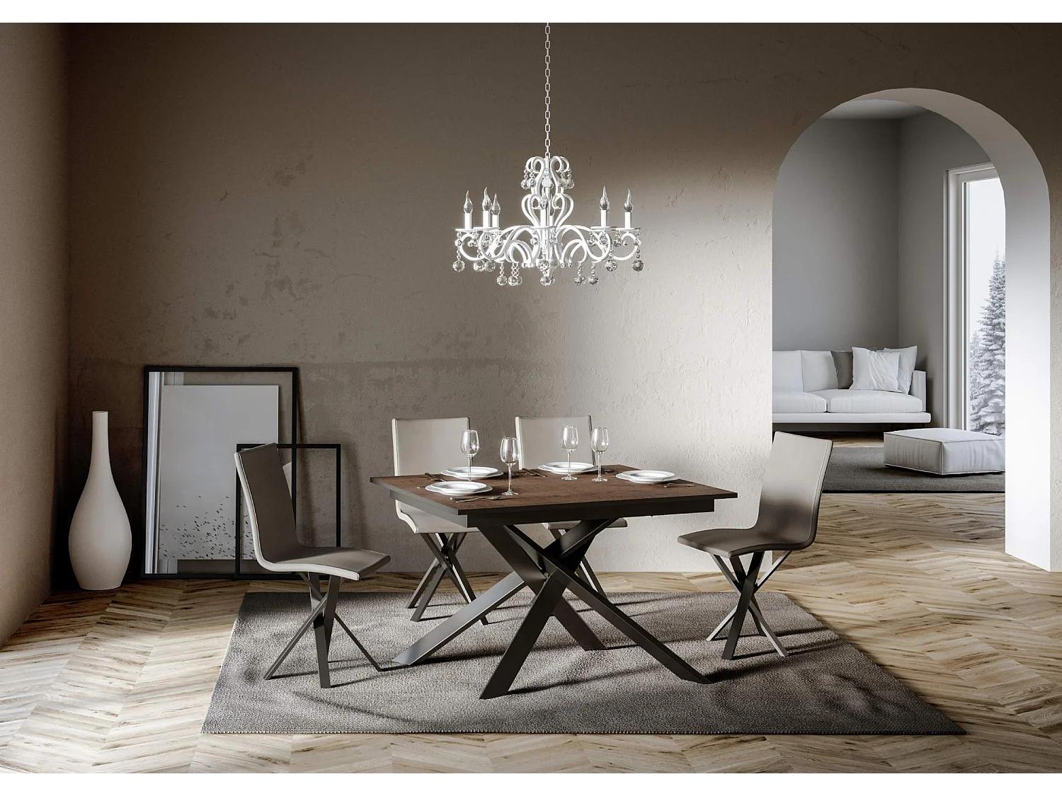 Table extensible 90x120/180 cm Ganty Noyer bande de chante Anthracite cadre Anthracite