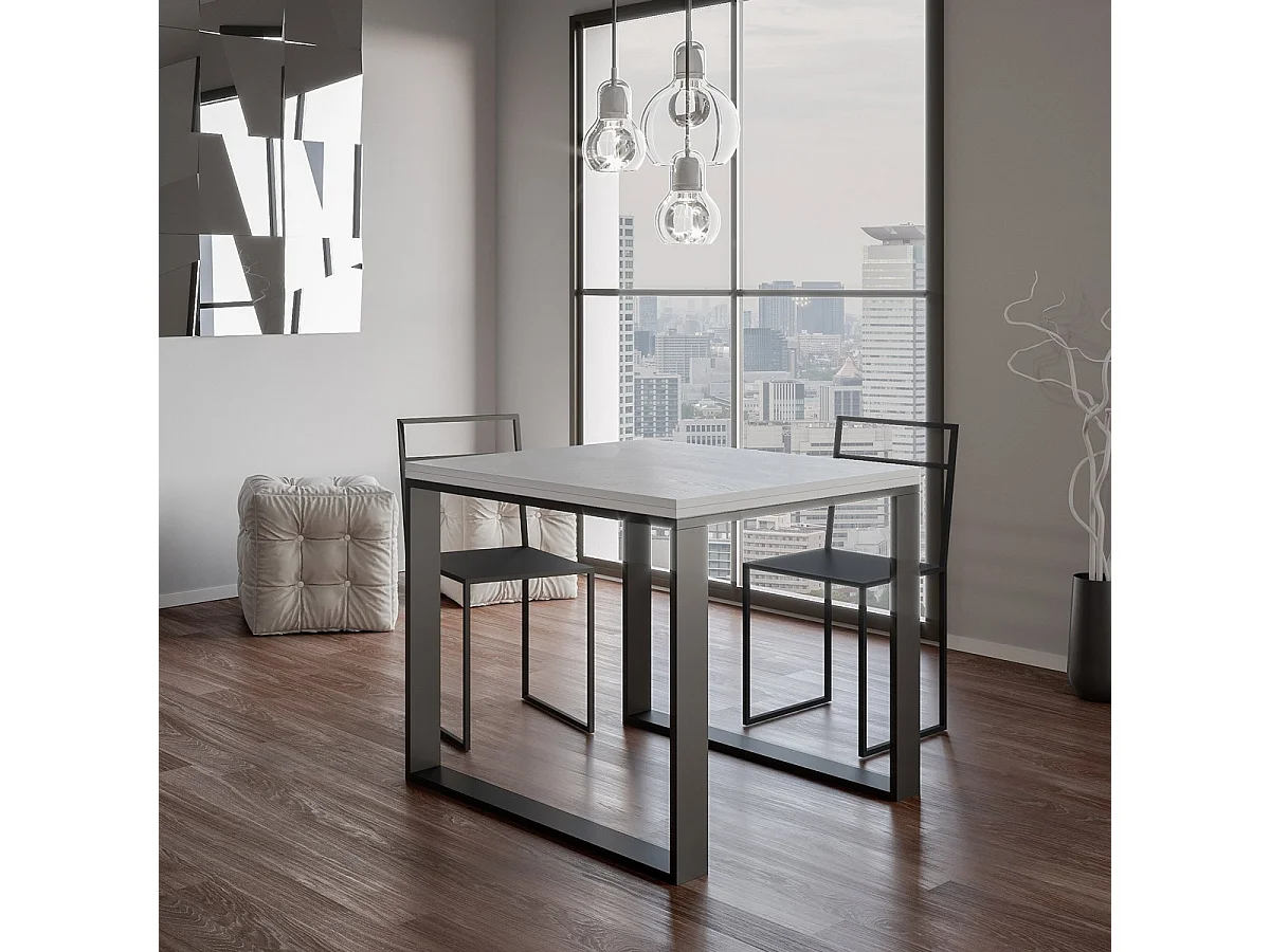 Ausziehtisch 90x90/180 cm Tecno Libra Esche weiß mit Eisenrahmen aus Anthrazit