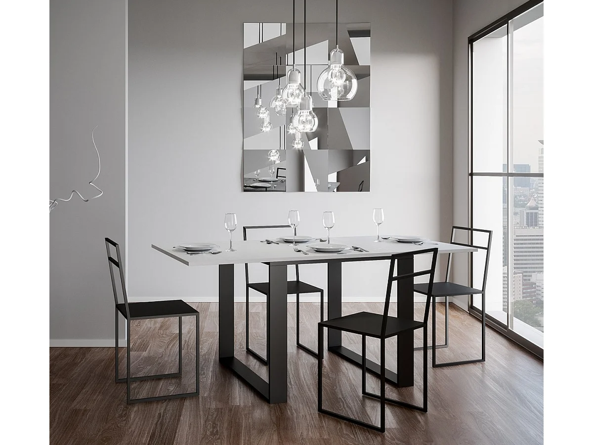 Ausziehtisch 90x90/180 cm Tecno Libra Esche weiß mit Eisenrahmen aus Anthrazit