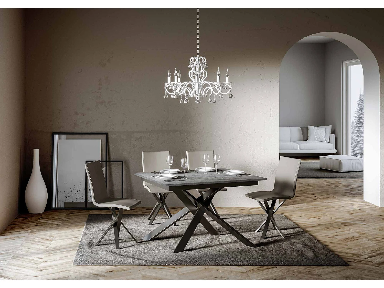 Table extensible 90x120/180 cm Ganty Gris Béton bande de chante en teinte cadre Anthracite