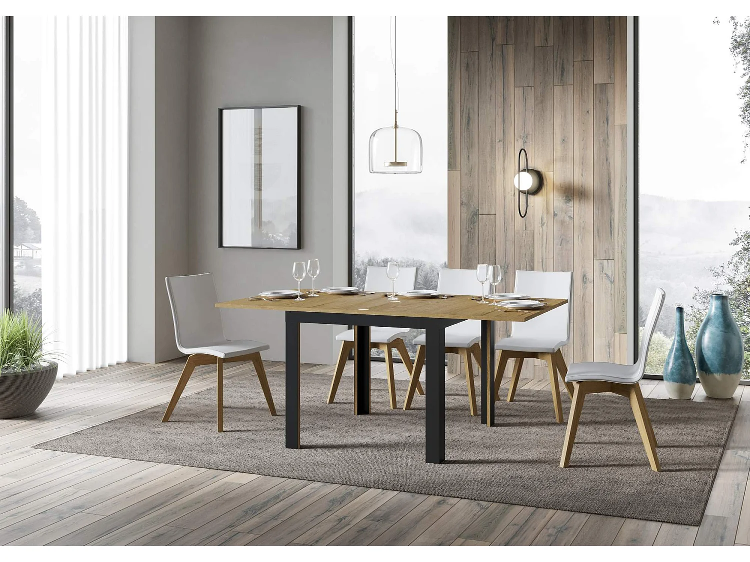 Mesa de jantar extensível tipo livro 90x90/180 cm Linea Libra Carvalho Natural quadro Antracite