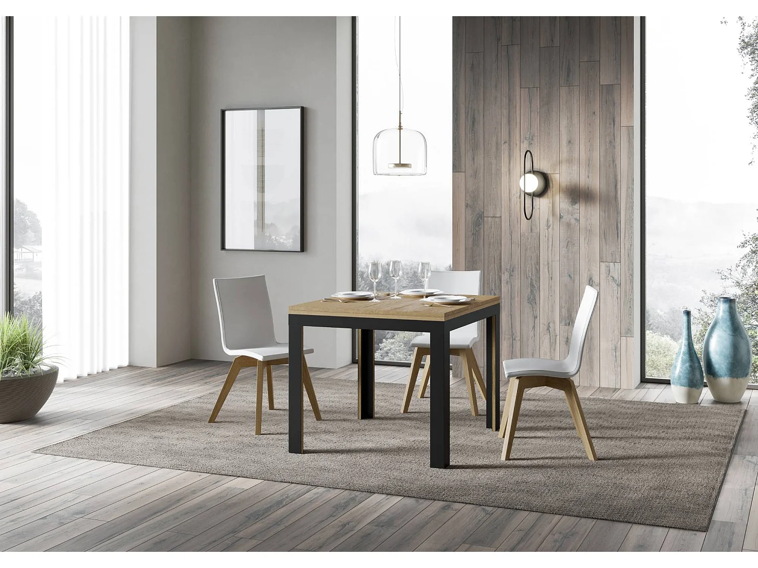 Table extensible portefeuille 90x90/180 cm Linea Libra Chêne Nature cadre Anthracite