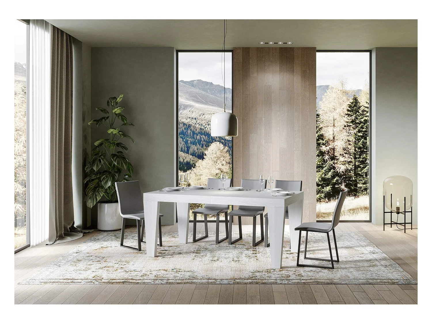 Mesa de comedor extensible de madera Kristo patas en V-Color Blanco-Soporte 2 pies-5 alargaderas finas-Ancho extensible