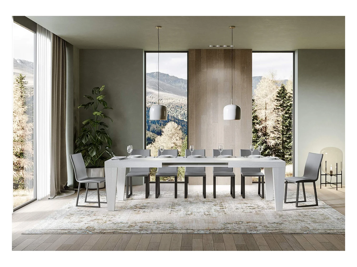 Mesa de comedor extensible de madera Kristo patas en V-Color Blanco-Soporte 2 pies-5 alargaderas finas-Ancho extensible