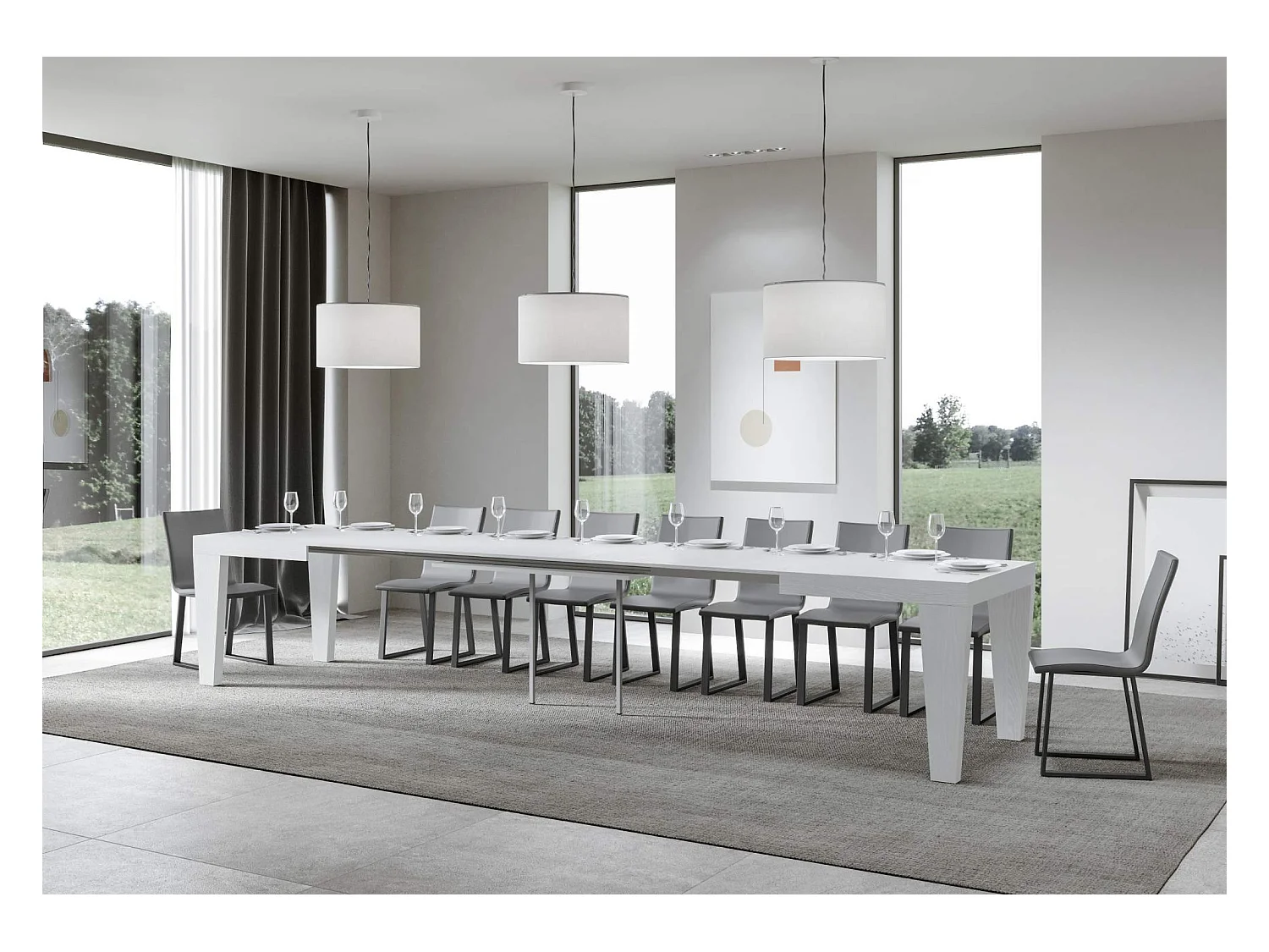 Mesa de comedor extensible de madera Kristo patas en V-Color Blanco-Soporte 2 pies-5 alargaderas finas-Ancho extensible