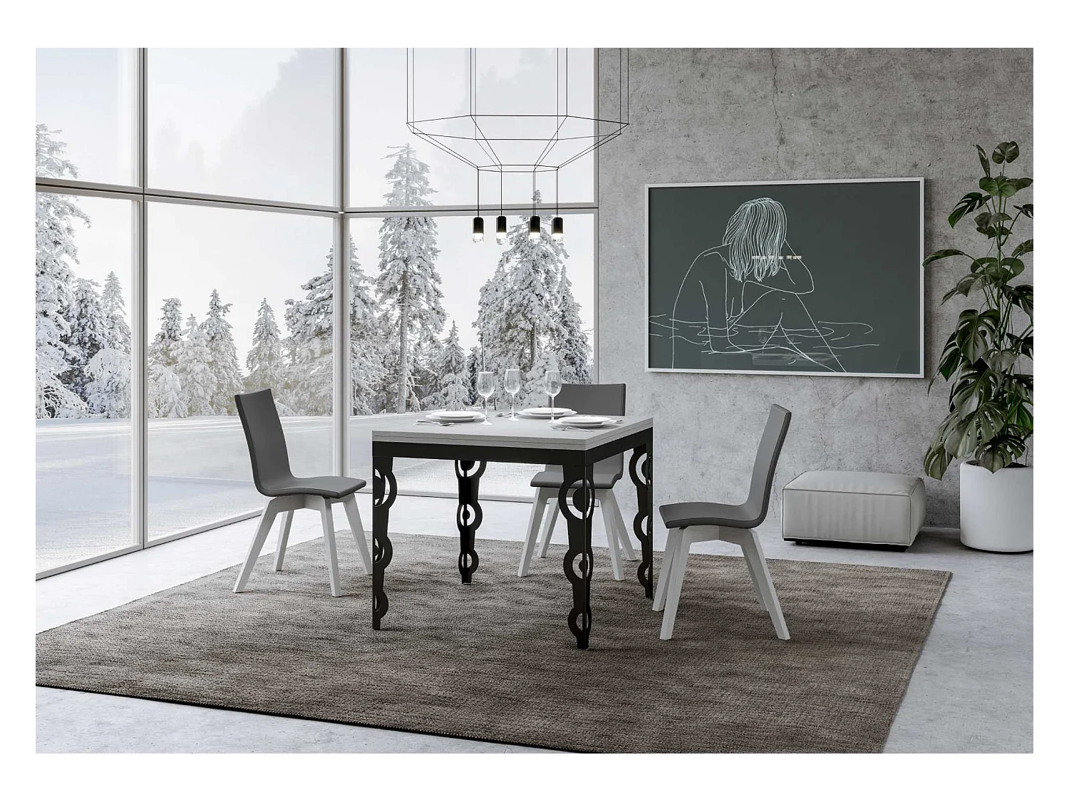 Mesa tipo libro 90x90/180 cm Karamay Libra Fresno Blanco estructura Antracita