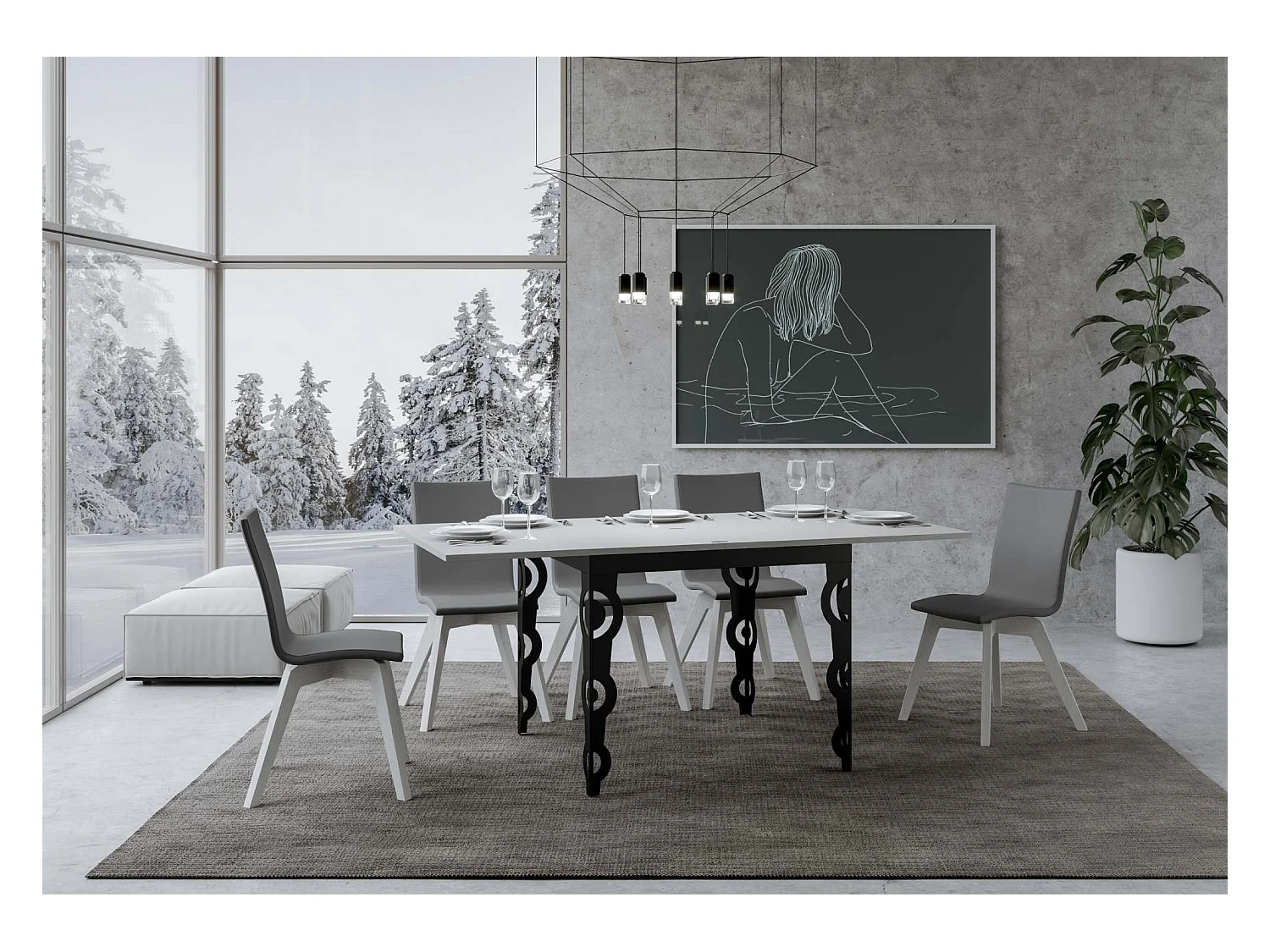 Mesa tipo libro 90x90/180 cm Karamay Libra Fresno Blanco estructura Antracita