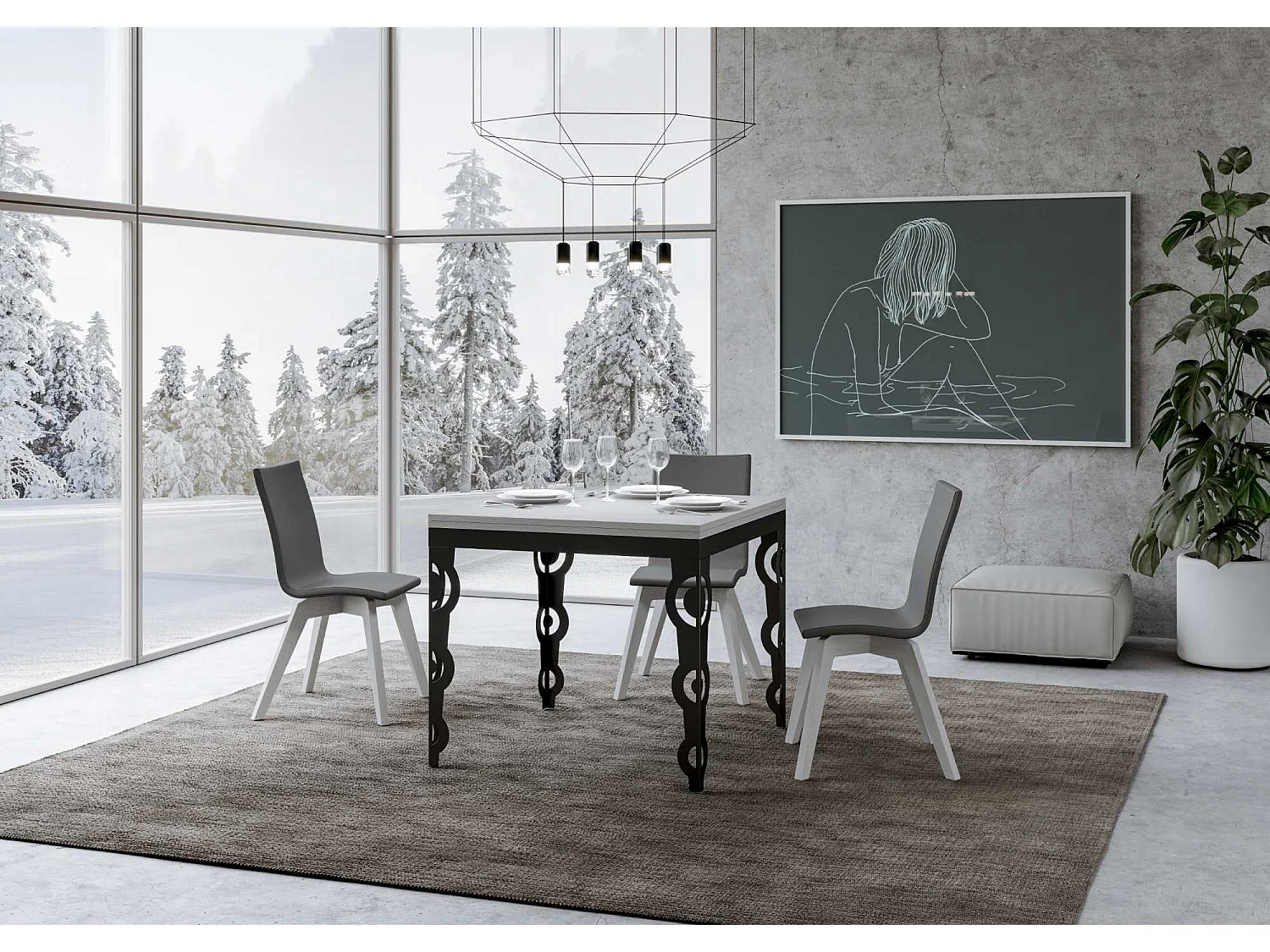 Table extensible portefeuille 90x90/180 cm Karamay Libra Frêne Blanc cadre Anthracite