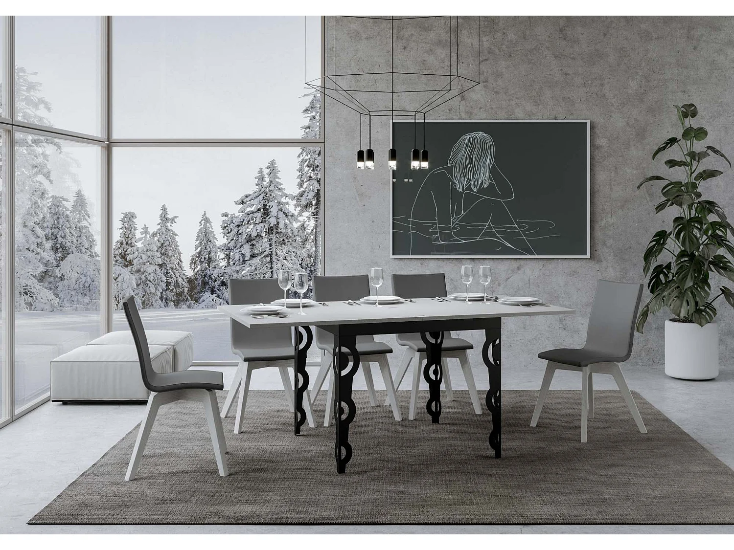 Table extensible portefeuille 90x90/180 cm Karamay Libra Frêne Blanc cadre Anthracite