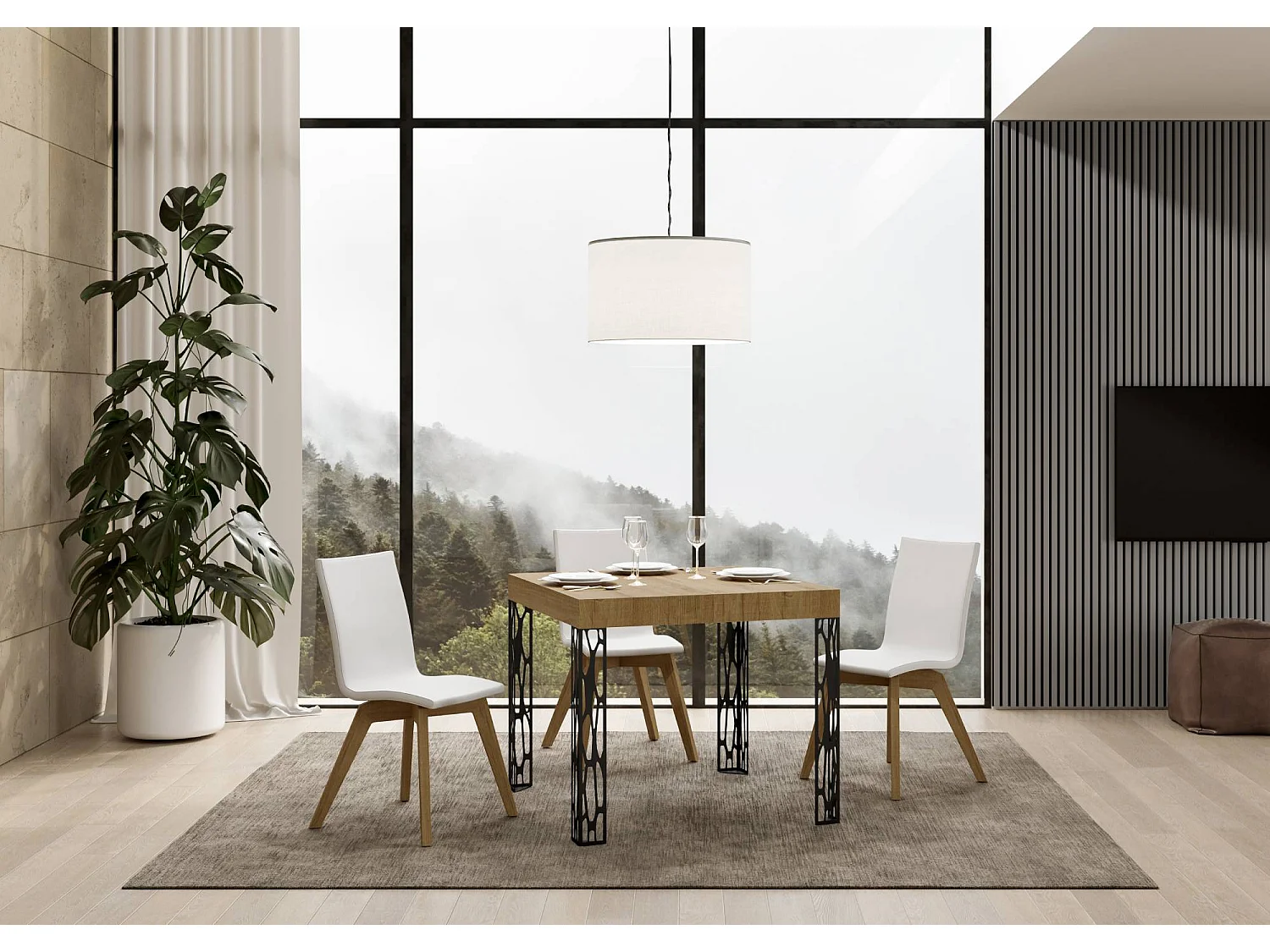 Ausziehtisch 90x90/246 cm Ghibli Eiche Natur mit Eisenrahmen aus Anthrazit