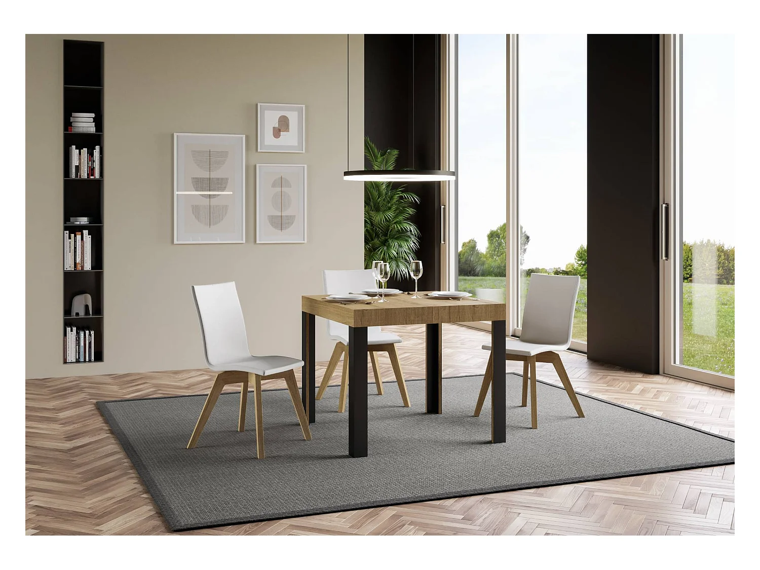 Uitschuifbare tafel 90x90/246 cm Linea natuur eiken frame antraciet