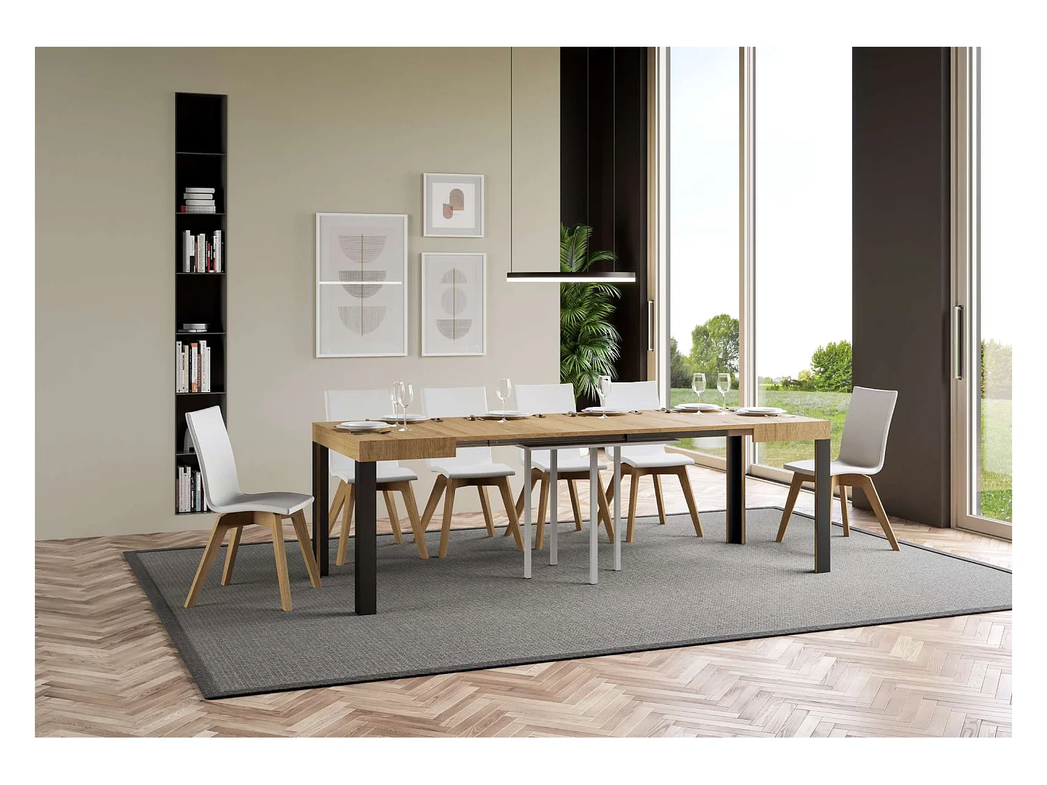 Uitschuifbare tafel 90x90/246 cm Linea natuur eiken frame antraciet