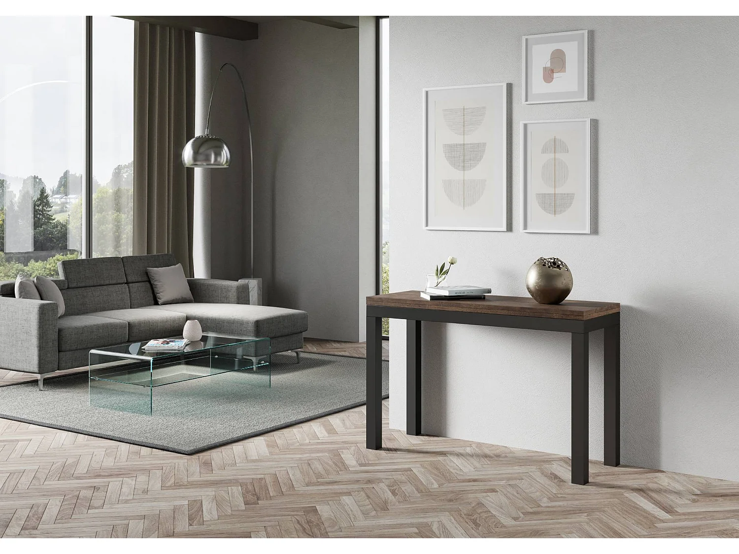 Ausziehtisch 120/200x45/90 cm Everyday Double Nussbaum mit Eisenrahmen aus Anthrazit