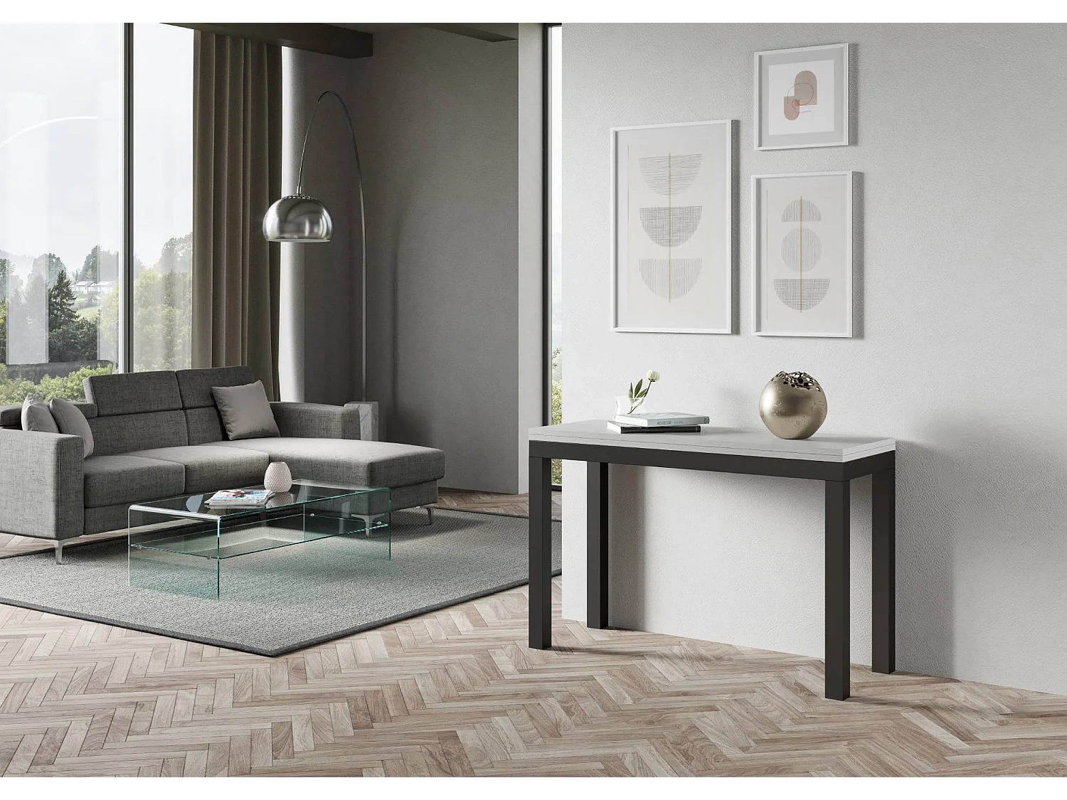 Table extensible portefeuille 120/200x45/90 cm Everyday Double frêne blanc cadre anthracite