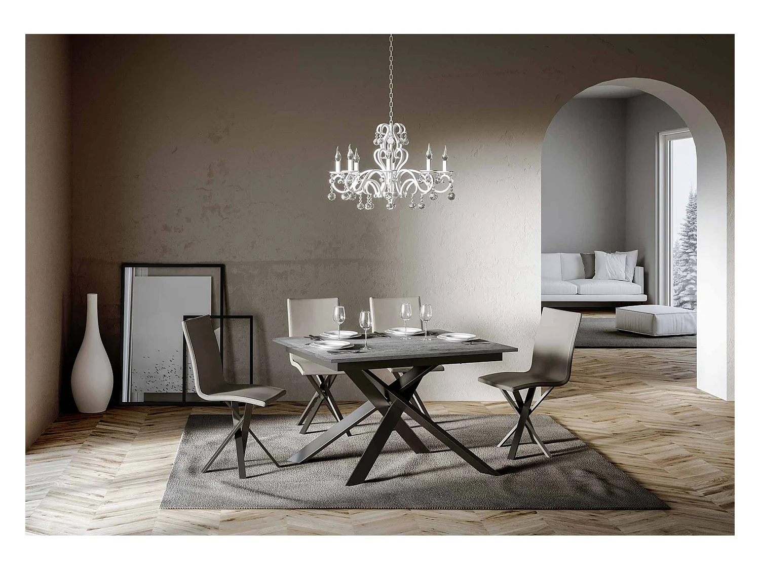 Table extensible 90x120/180 cm Ganty Blanc Spatulé bande de chante en teinte cadre Anthracite