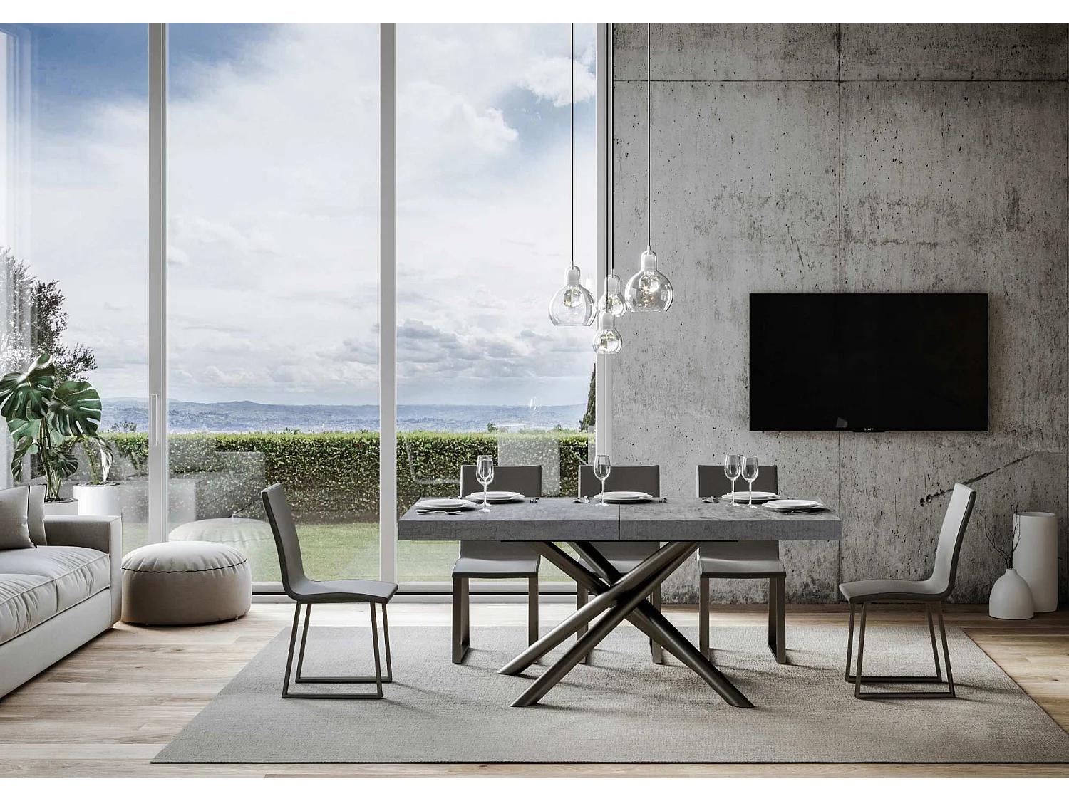 Table extensible 90x160/264 cm Famas Gris Béton cadre Anthracite