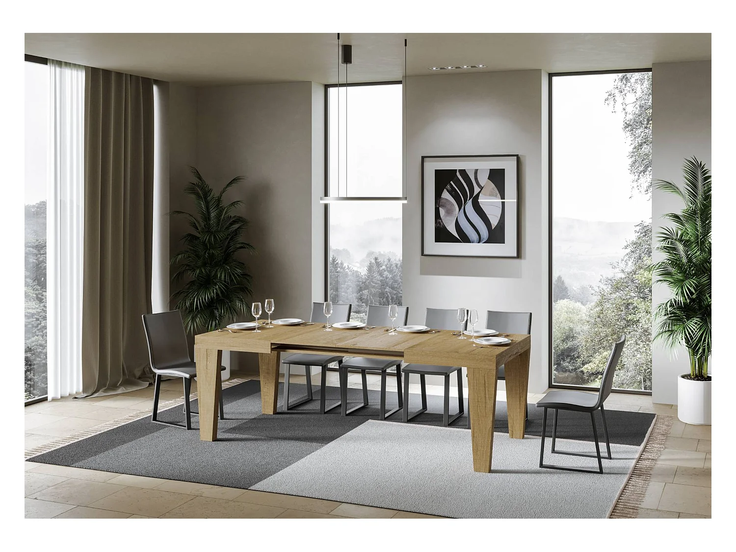 Kristo uitschuifbare houten V-poot eettafel-Kleur Natuurlijk-Steun 2 voet-Verlengsnoeren 5 dunne verlengingen-Uitschuifbare breedte