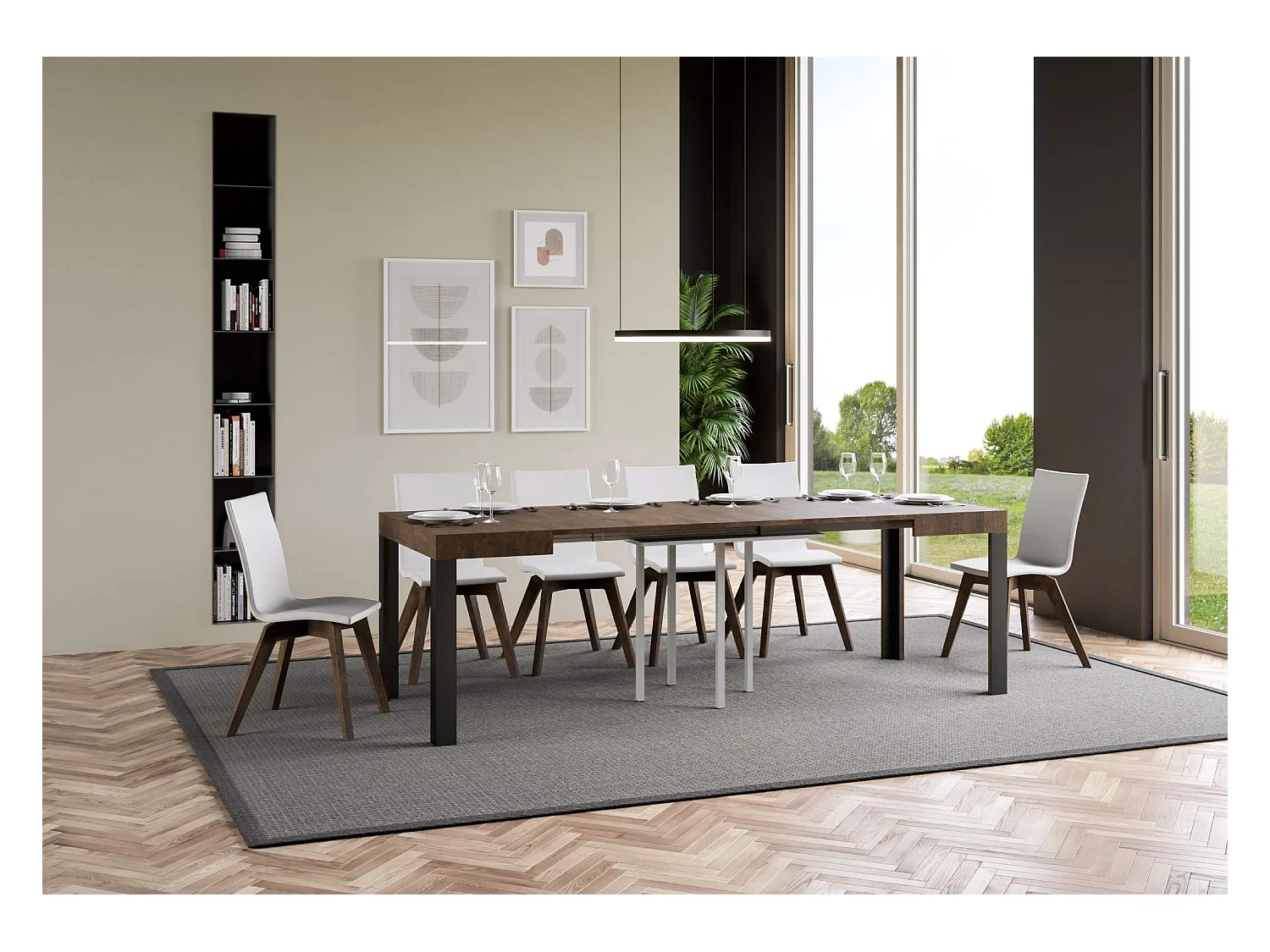 Uitschuifbare tafel 90x90/246 cm Linea walnoot frame antraciet