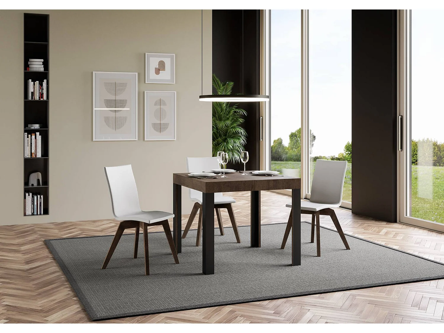 Table extensible 90x90/246 cm Linea Noyer cadre Anthracite