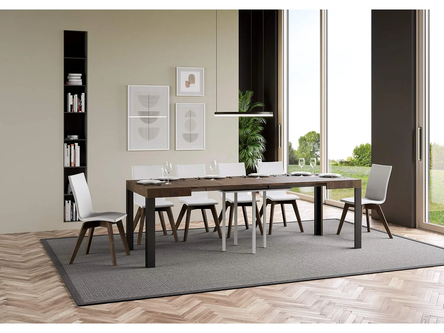 Table extensible 90x90/246 cm Linea Noyer cadre Anthracite