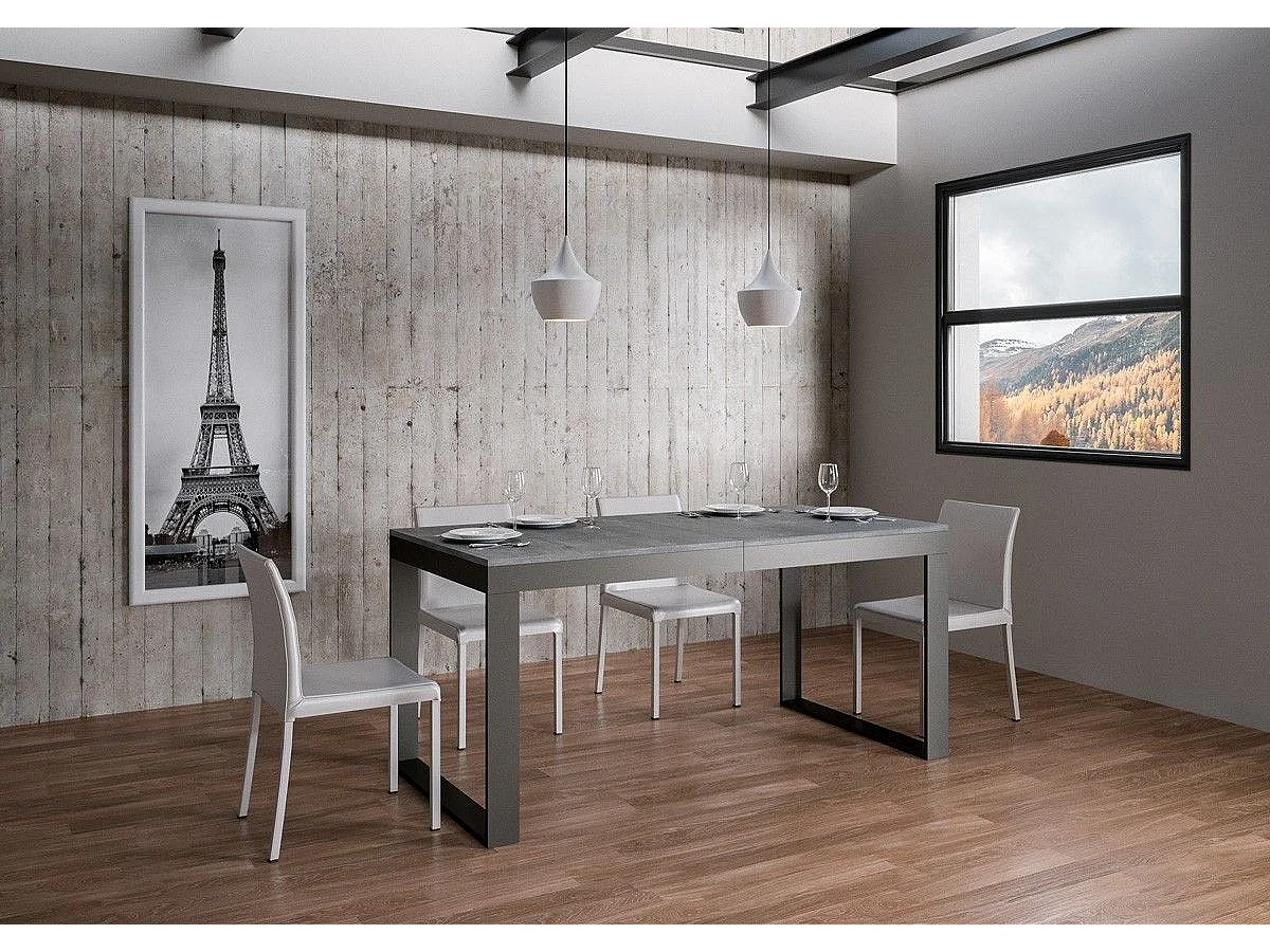 Uitschuifbare tafel 180/440x90 cm Tecno Evolution cement met antraciet frame en poten