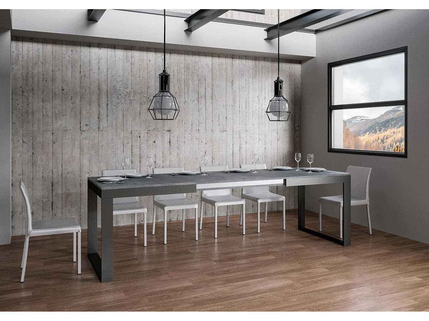 Uitschuifbare tafel 180/440x90 cm Tecno Evolution cement met antraciet frame en poten