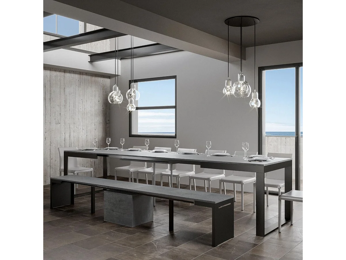 Uitschuifbare tafel 180/440x90 cm Tecno Evolution cement met antraciet frame en poten