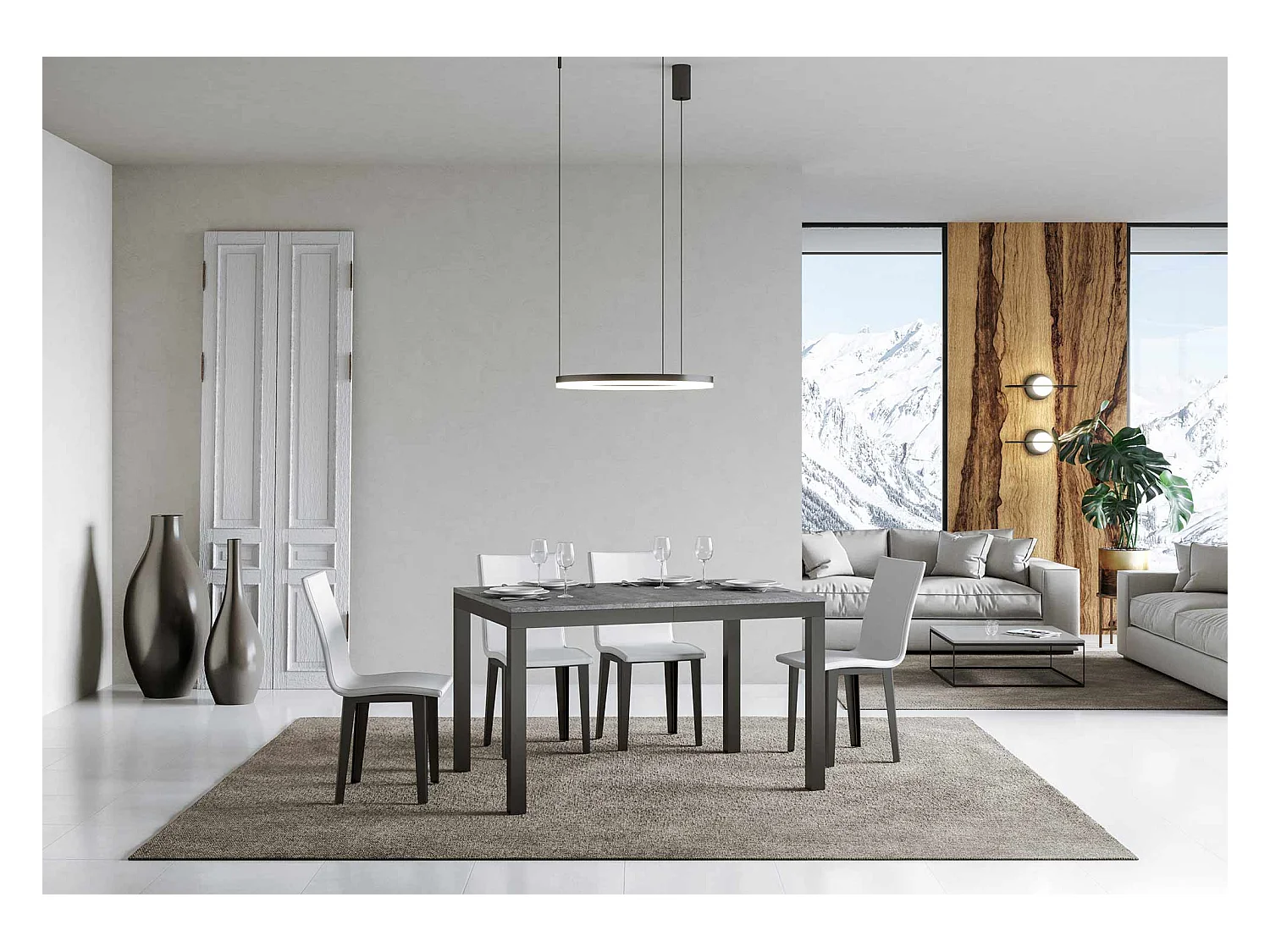 Rechthoekige uitschuifbare betongrijs en antraciet metalen tafel 120 tot 224 cm Evy