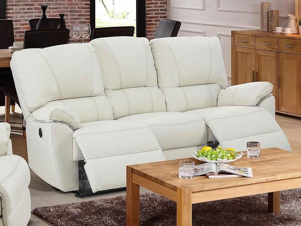 Divano relax 3 posti elettrico in cuoio Avorio - MARCIS