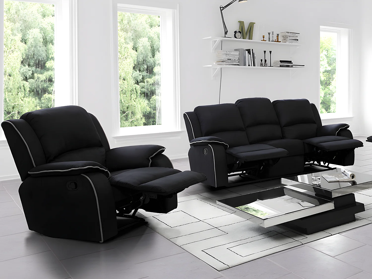 Couchgarnitur Relax 3+1 - Microfaser - Schwarz - HERNANI