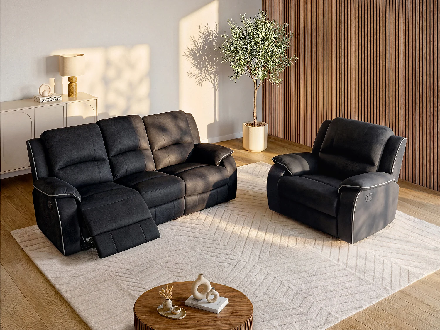 Canapé 3 places et un fauteuil relax en microfibre HERNANI - Noir