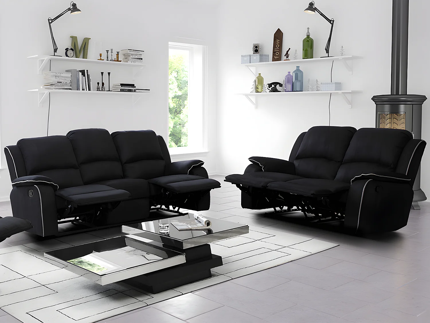 Canapés 3 places et 2 places relax en microfibre HERNANI - Noir