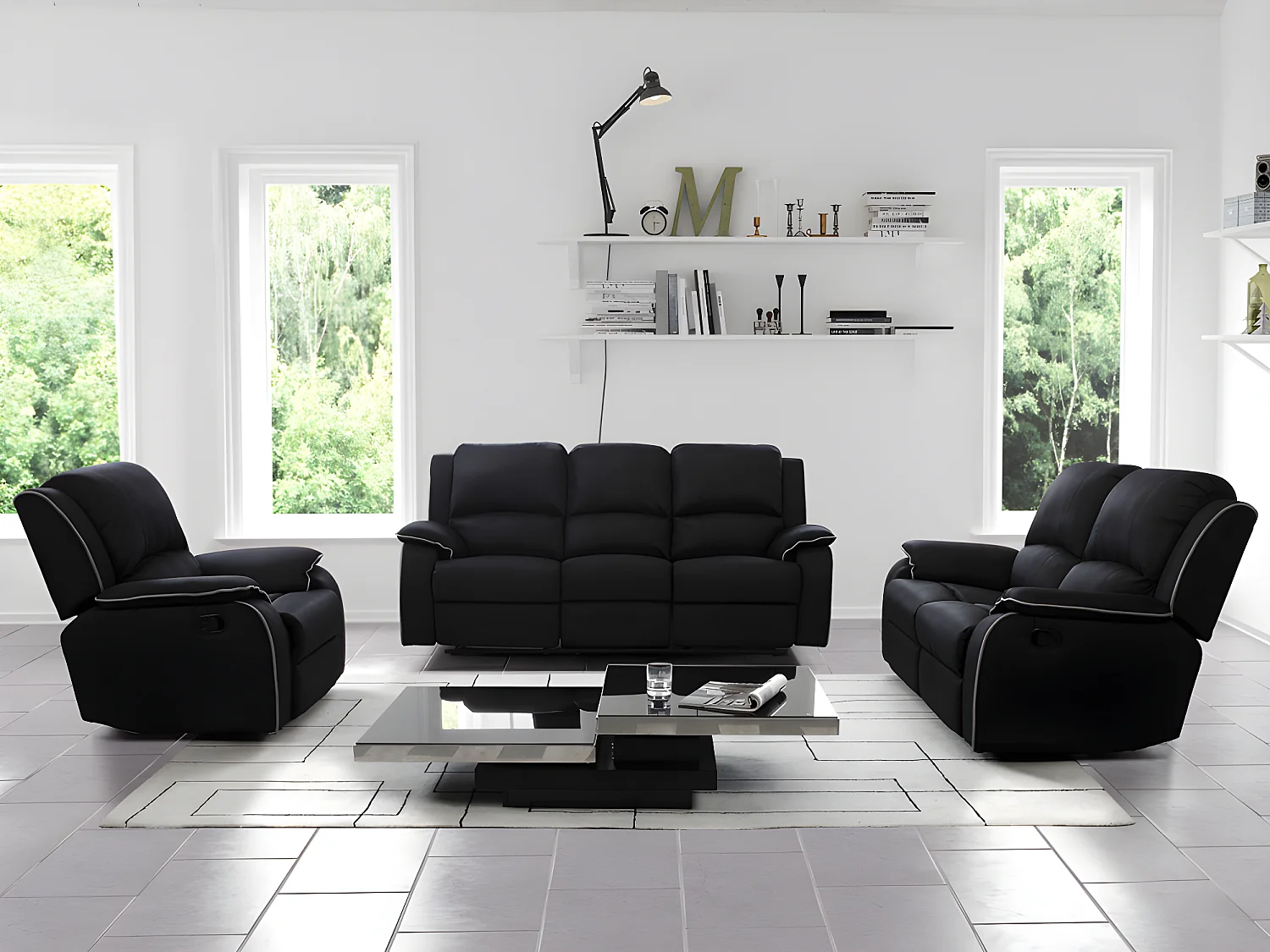 Canapés 3 places 2 places et un fauteuil relax en microfibre HERNANI - Noir