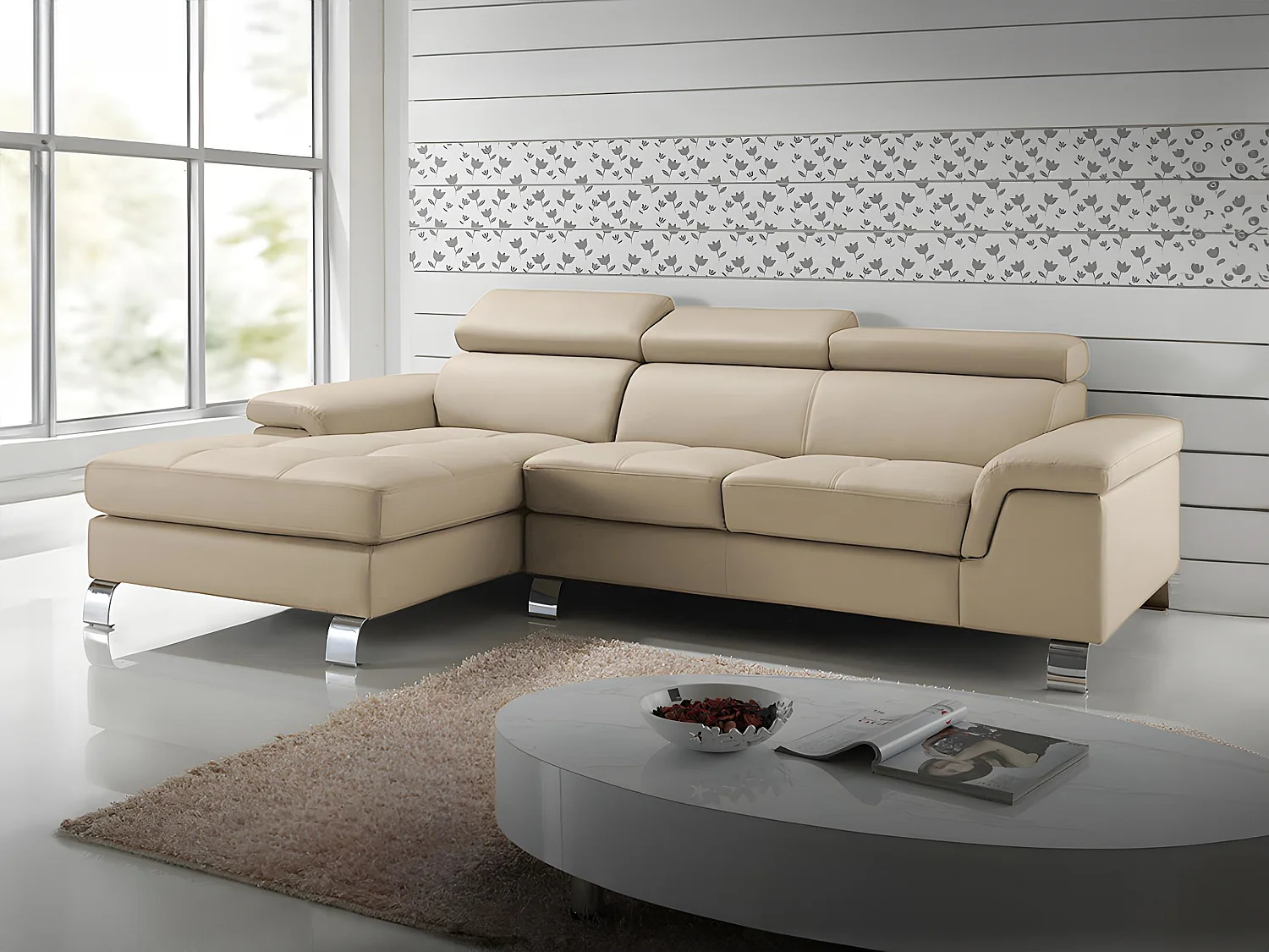 Canapé d'angle cuir MISHIMA - Taupe - Angle gauche